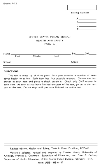 United States Indian Bureau Health & Safety